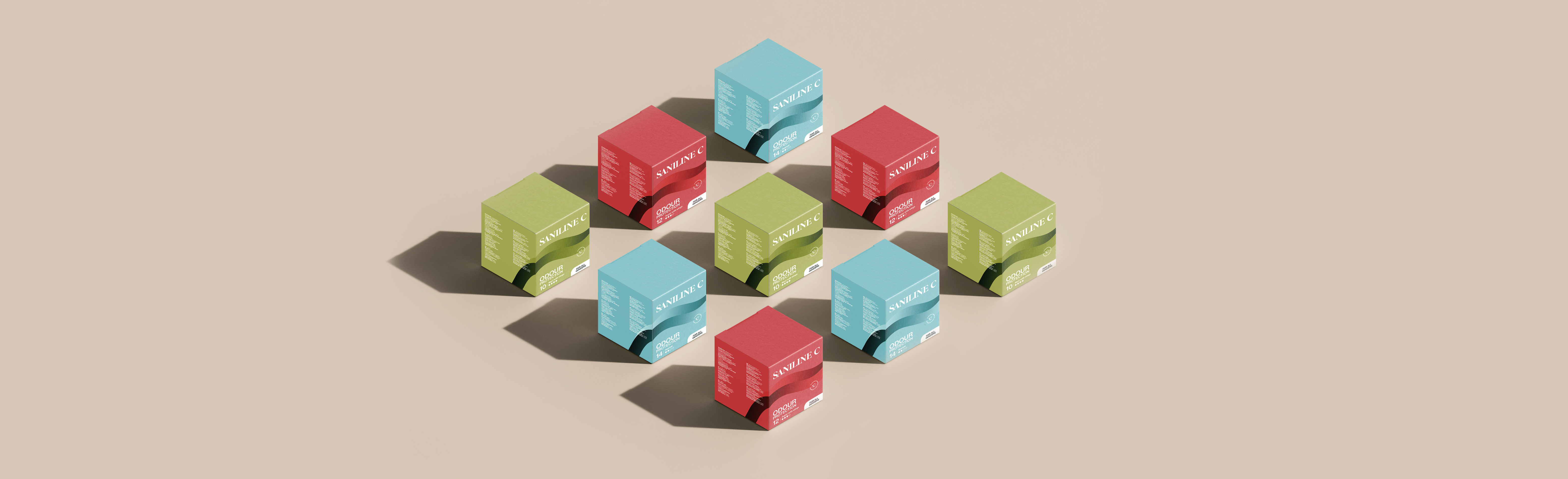 Geometrisk komposition av Saniline C-förpackningar i olika färger, vars skuggor och placering skapar ett harmoniskt mönster mot en minimalistisk, beige bakgrund.