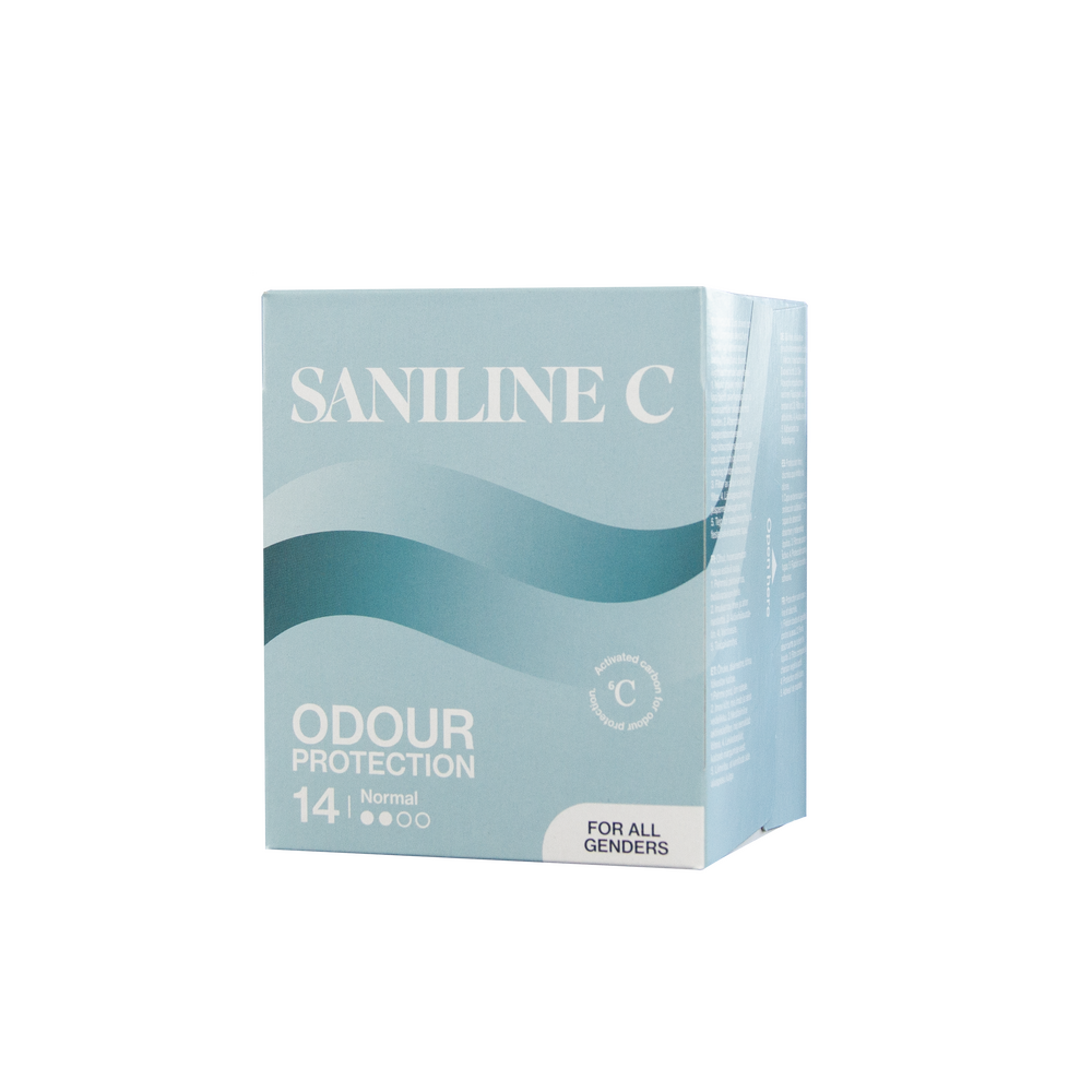 Blå förpackning av Saniline C normal, innehållande 14 stycken bindor. Texten på förpackningen visar 'Odour Protection' och 'For all genders'.